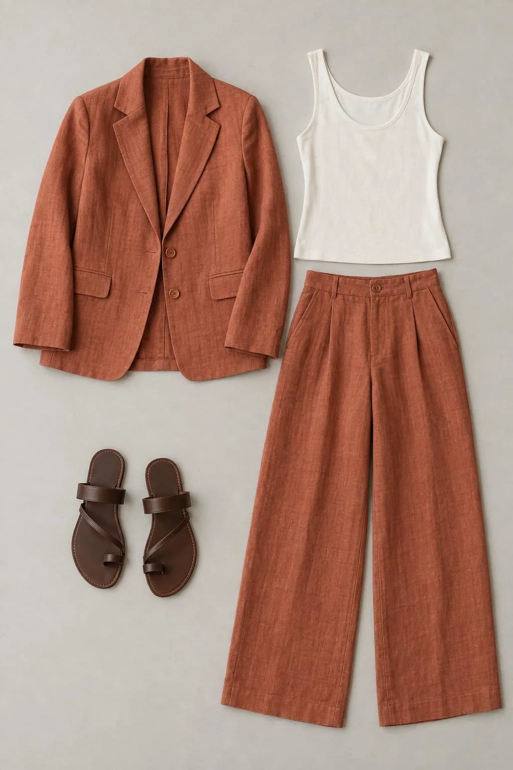 Terracotta linen suit, ivory top and brown sandals laid flat