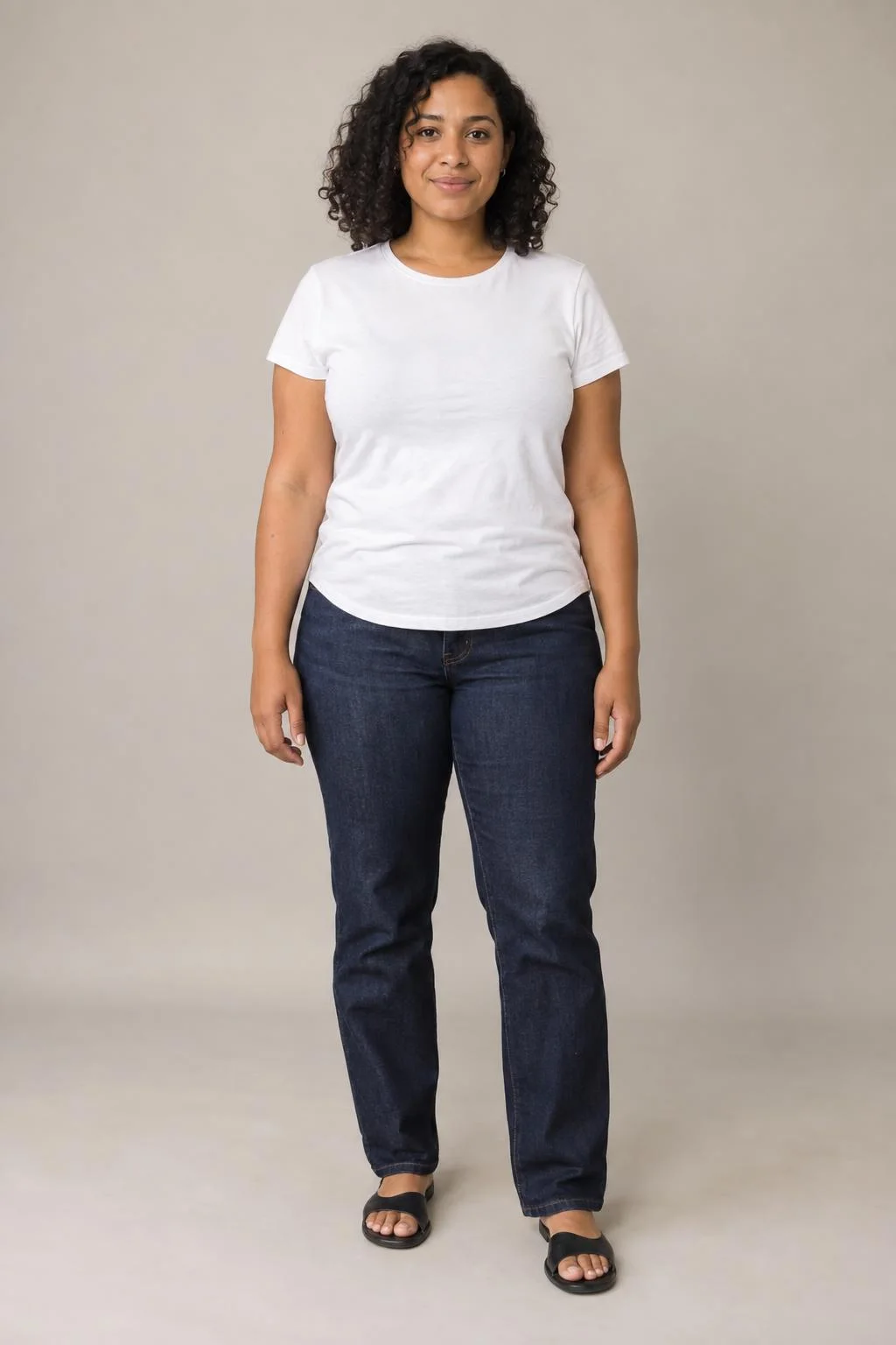 Fictional woman in a white T-shirt and indigo jeans